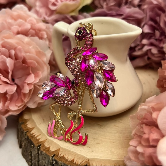 Whimsical Mother Baby Pink Crystal Flamingo Keychain Charm - Picture 4 of 16